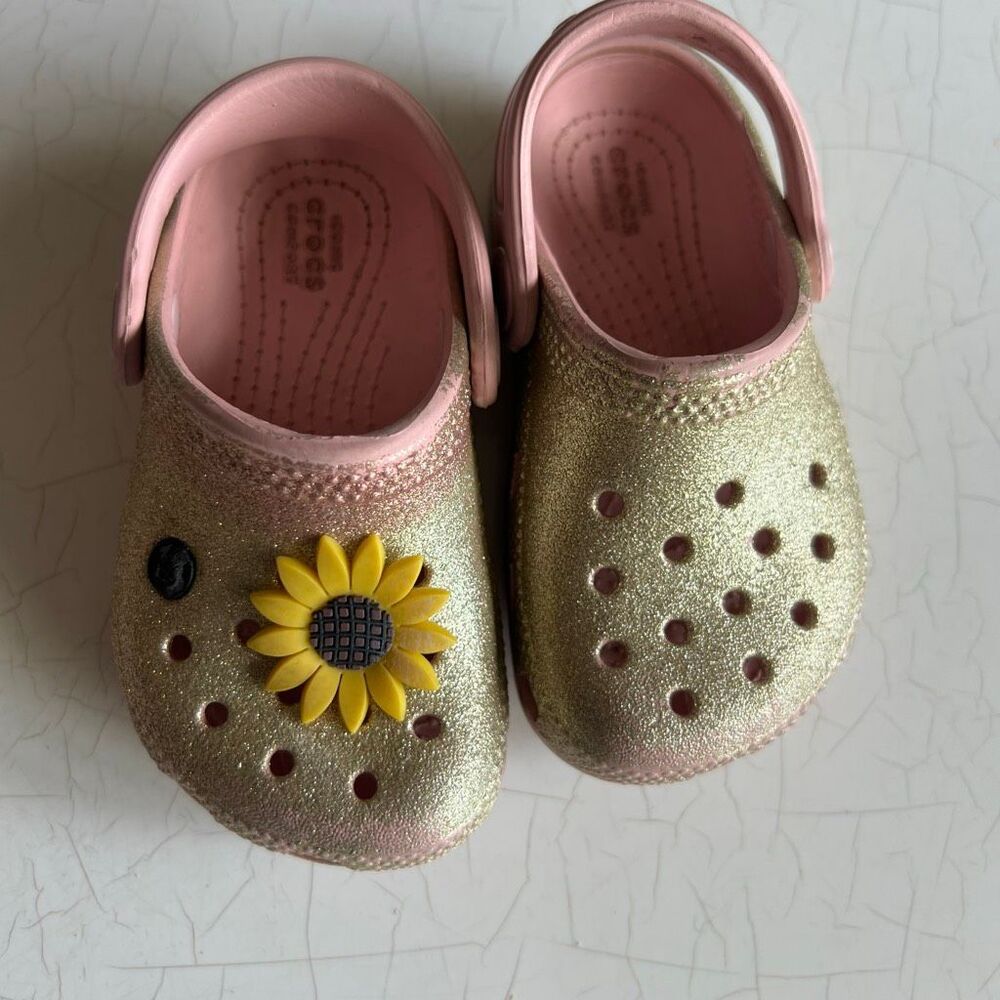 Crocs gold glitter sunflower clogs for girls
